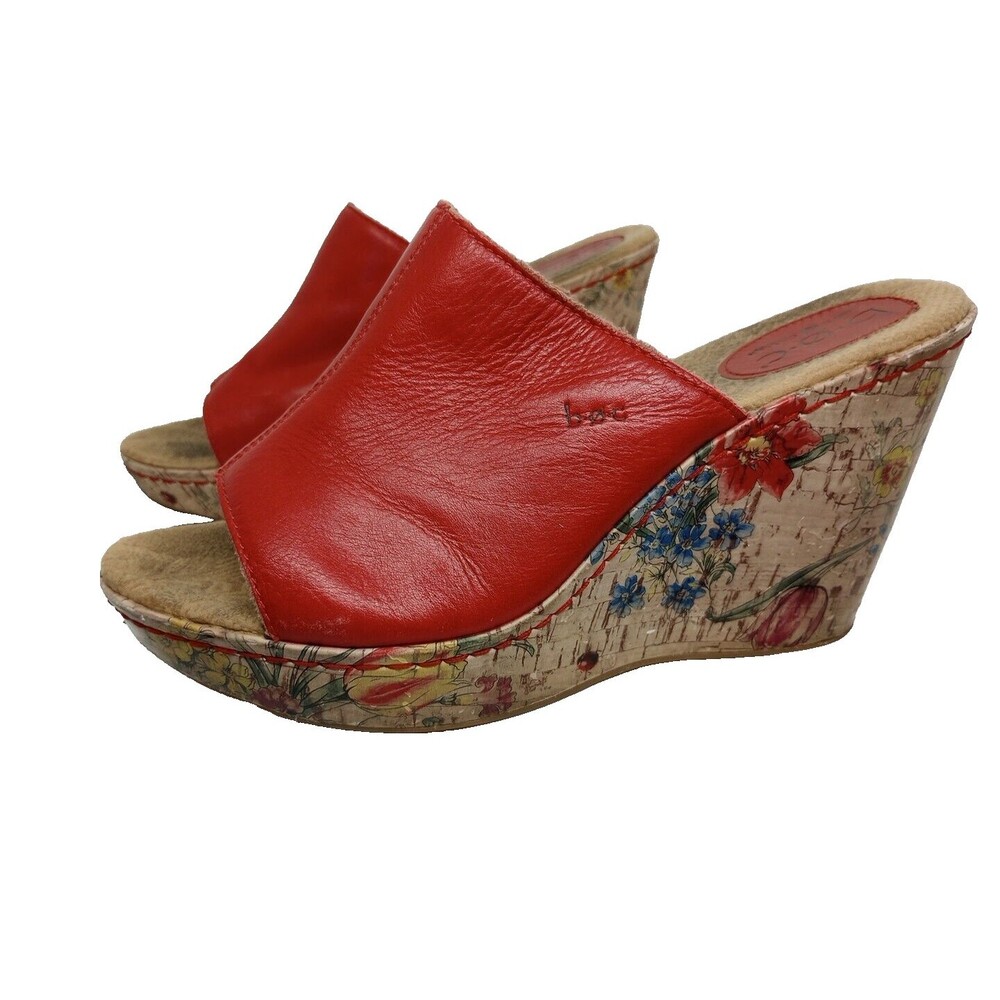 BOC by Born Leather Red Dianna Sandals with Floral Cork Wedge Heel Size 10M/W